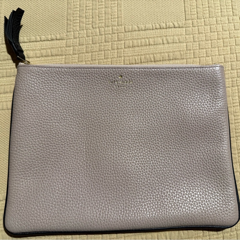KATE SPADE Large Leather Tassel Clutch Pouch Taupe Pink Black NWOT